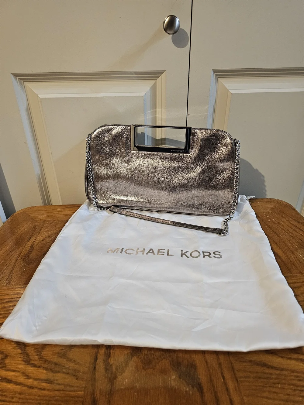 Michael Kors Metallic Pewter Chain-Handle Clutch